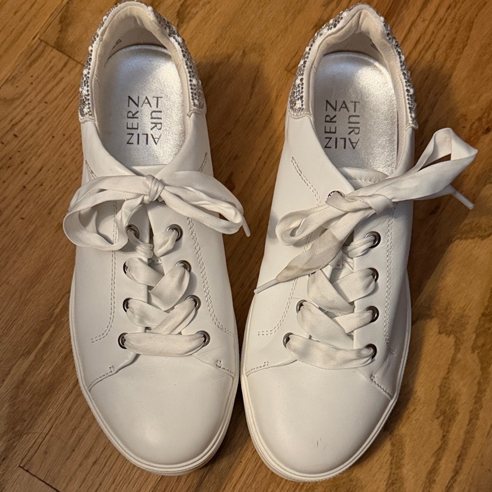 Naturalizer White Satin-Lace Sneakers with Metallic Heel Accent